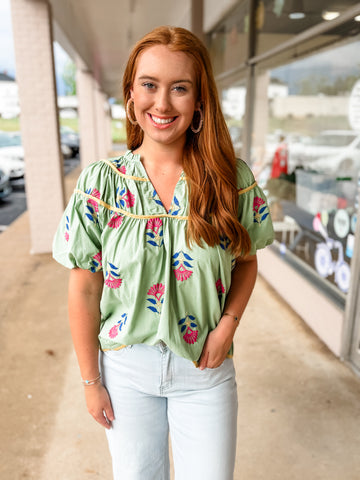 Sage Embroidered Piping Top