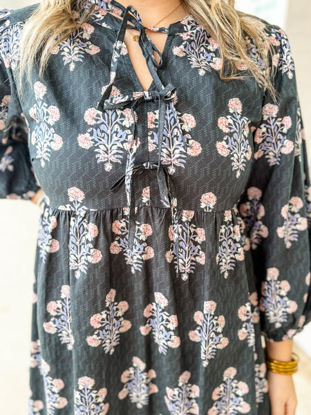 Midnight Petals Tie-Neck Dress
