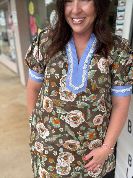 Blue & Brown Watercolor Floral Dress