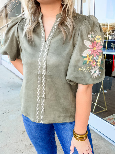 Olive Trail Embroidered Top