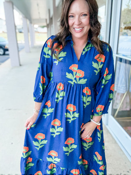 Navy Floral Tiered Dress