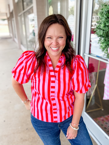 Orange & Pink Striped Collared Top