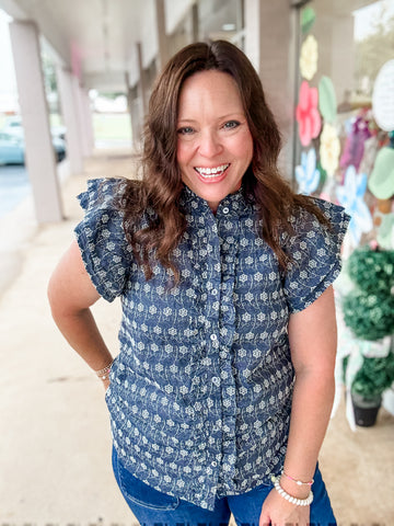 Short Flutter Sleeve Navy Blue & White Floral Blouse
