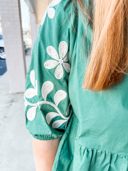 Green Floral Embroidered Top