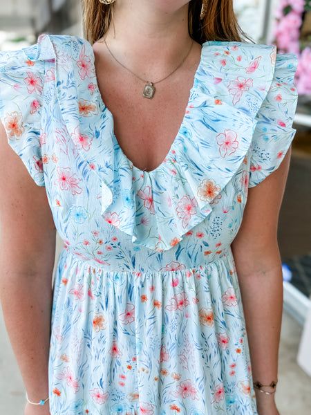 Light Blue Orange Flower Dress