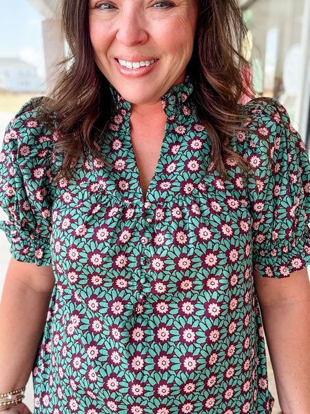 Teal & Brown Dainty Floral Top