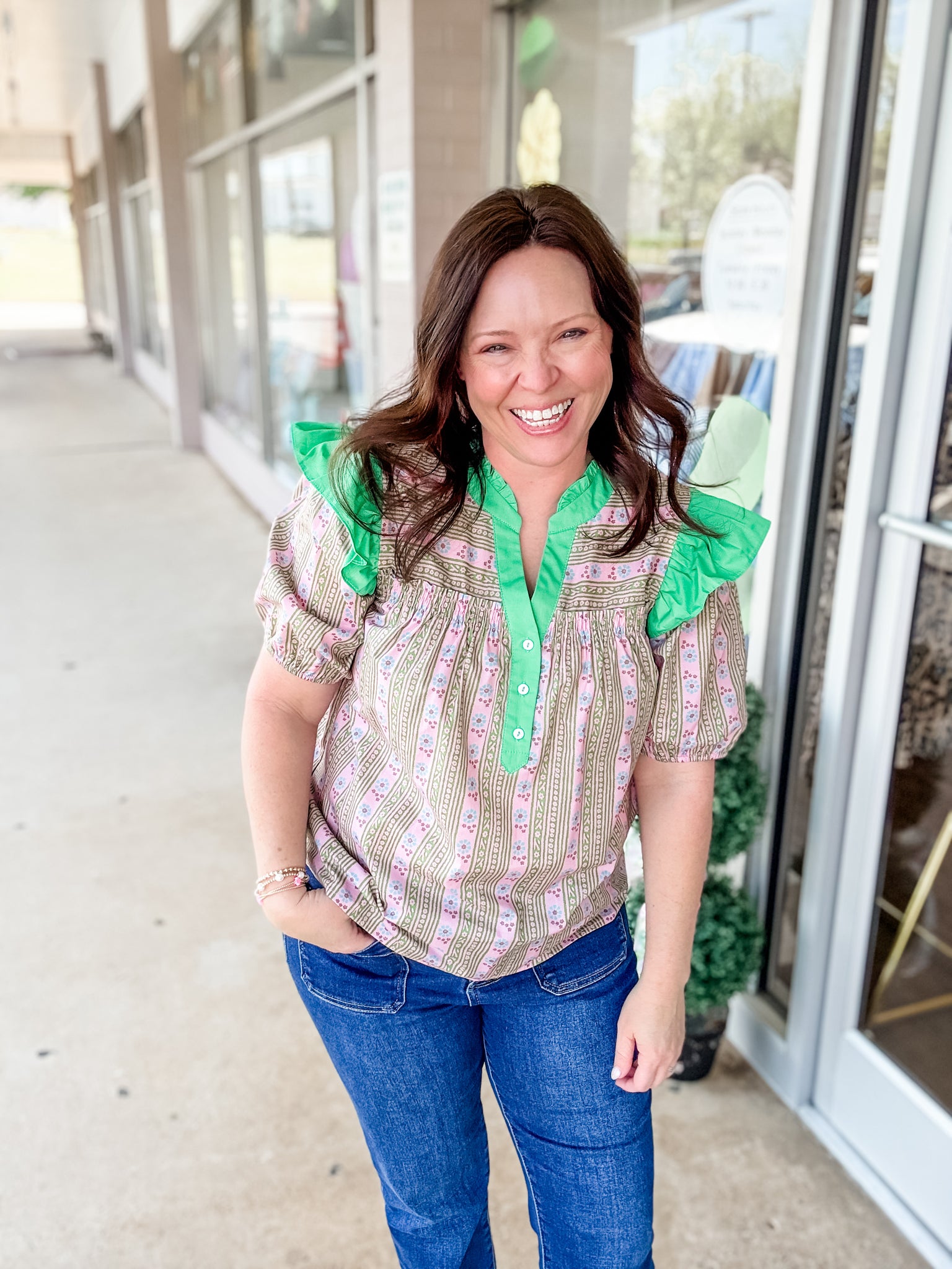 Mauve & Green Ruffle Sleeve Top