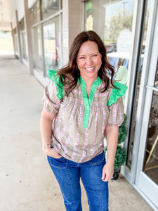 Mauve & Green Ruffle Sleeve Top