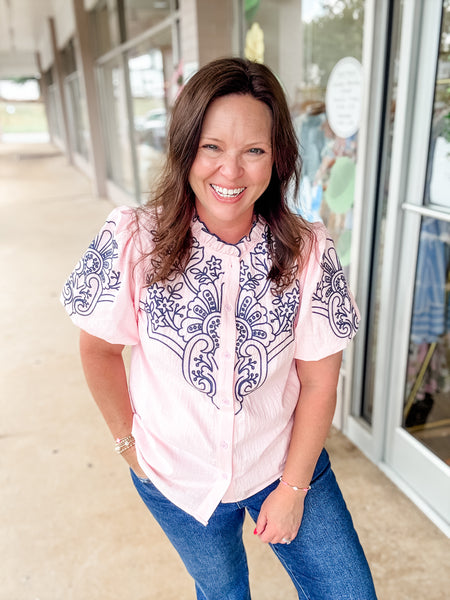 Pale Pink Navy Embroidered Top