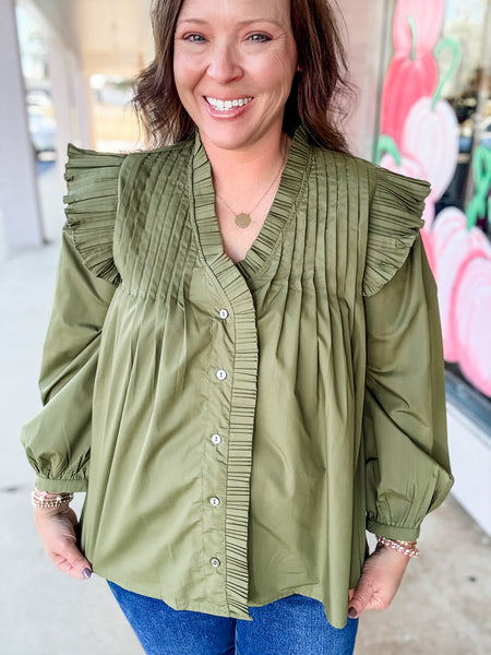 Autumn Olive Pleats Blouse