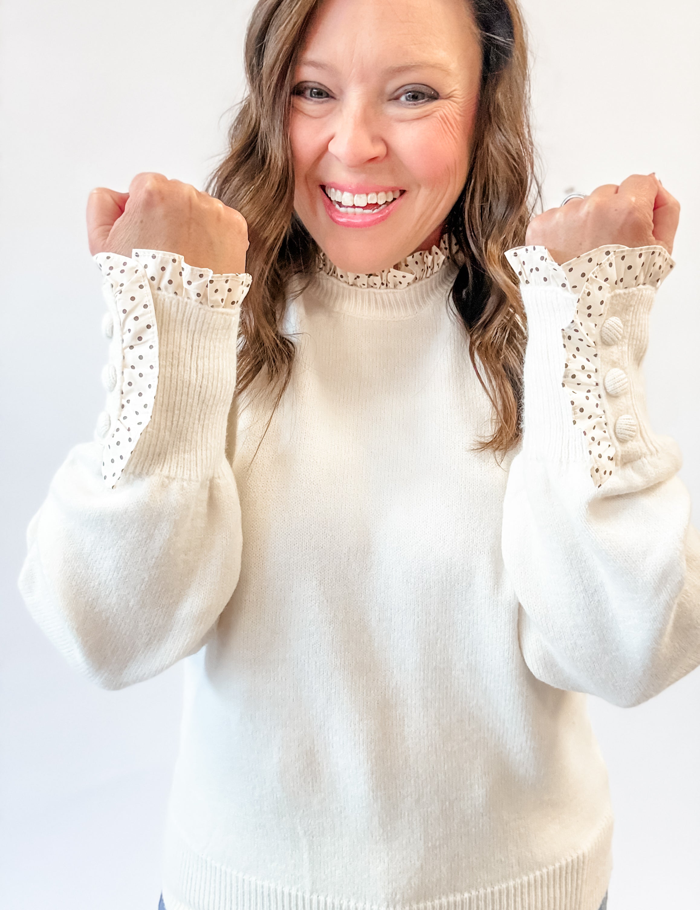 Cream Polka Dot Ruffle Sweater