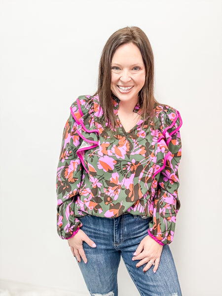 Purple Ruffle Floral Print Top