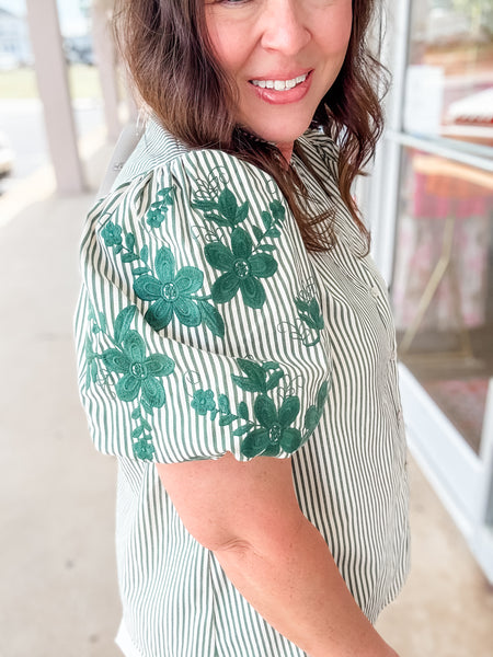 Green & White Floral Sleeve Top