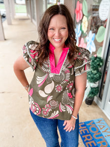 TropiTwist Ruffle Neck Blouse
