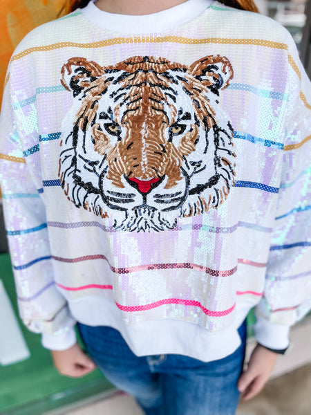 White Rainbow Tiger Sweatshirt:  Queen of Sparkles