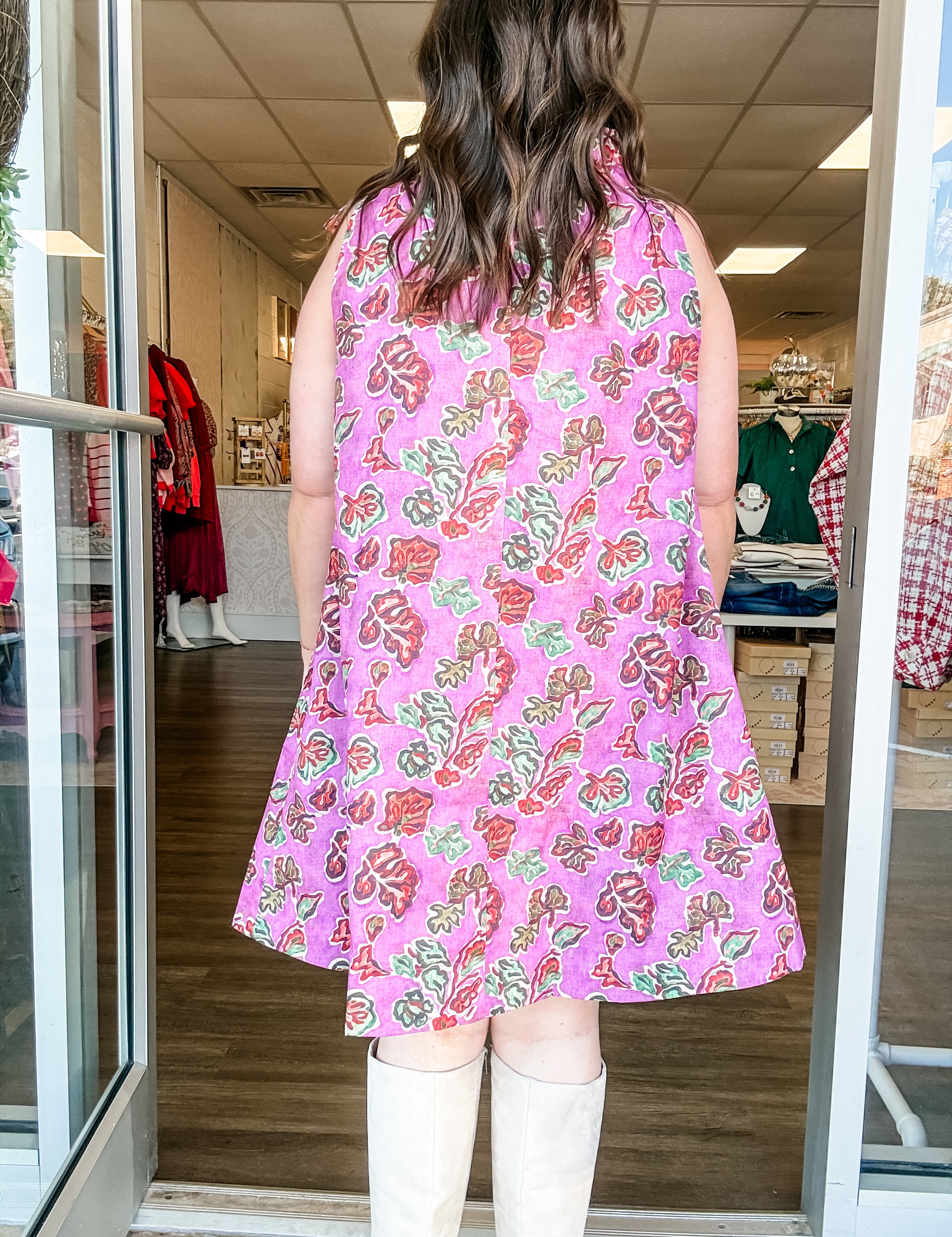 Plum Leaf Print Tie Neck Swing Dress