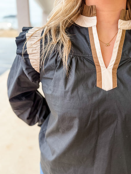 Chic Contrast Ruffle Yoke Top