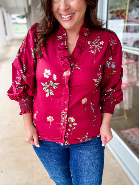 Wildflower Wine Ruffle Blouse