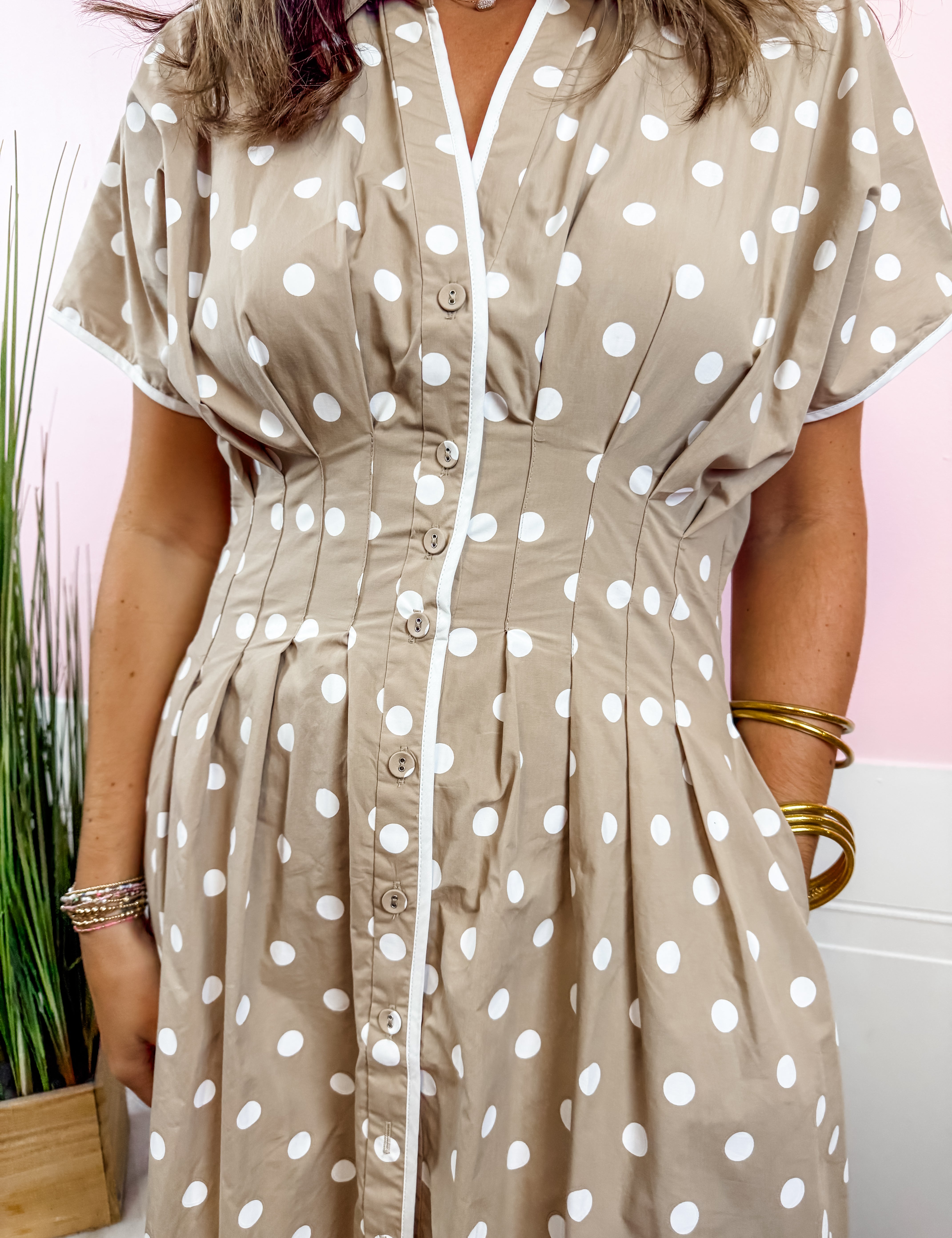 Taupe Polka Dot Collared Maxi Dress