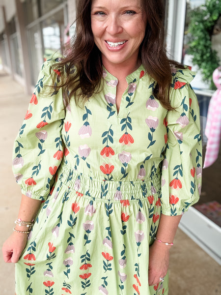 Olive Ruffle Floral Dress