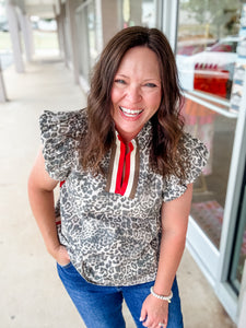 Gray Leopard Red & Ivory Trim Top