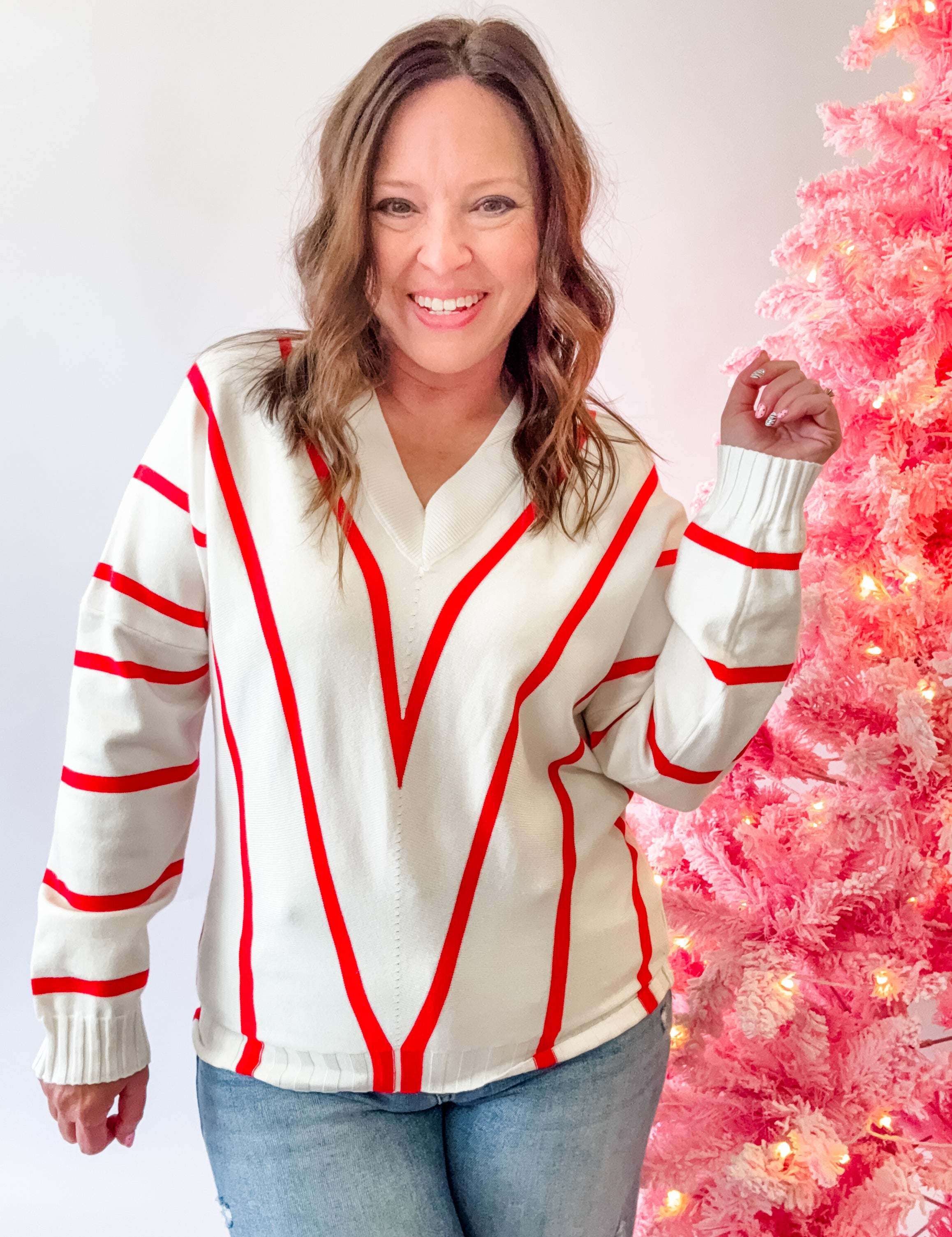 White and Red Striped V-Neck Sweater