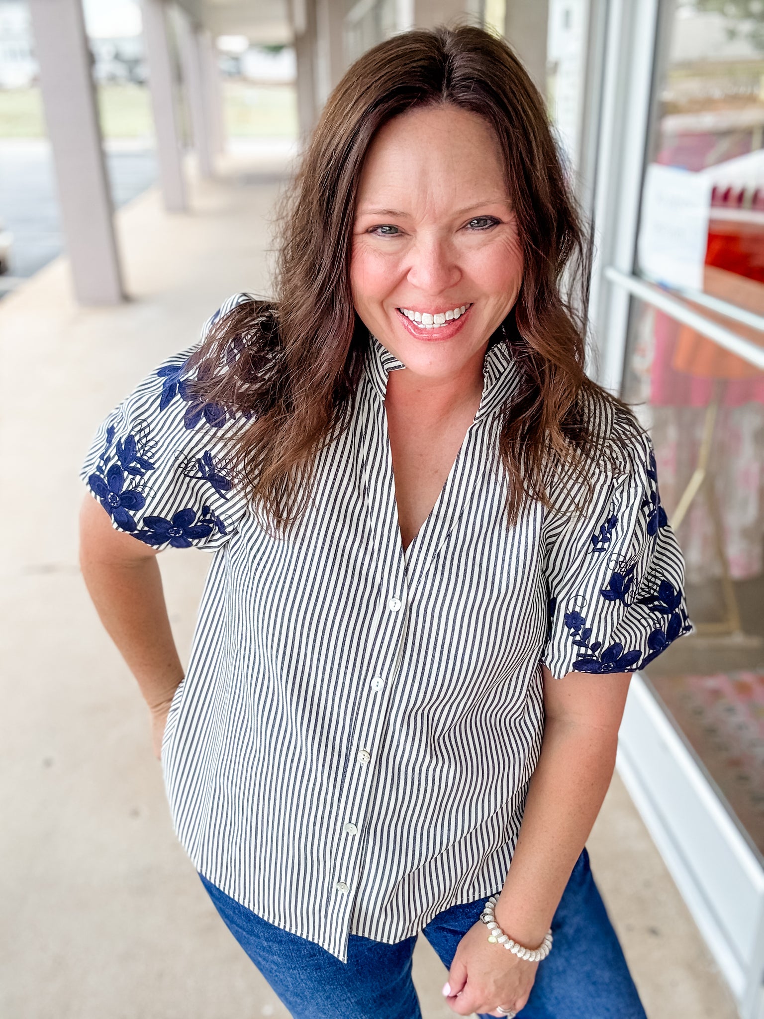 Navy & White Strip Floral Sleeve Top