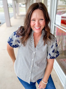Navy & White Strip Floral Sleeve Top