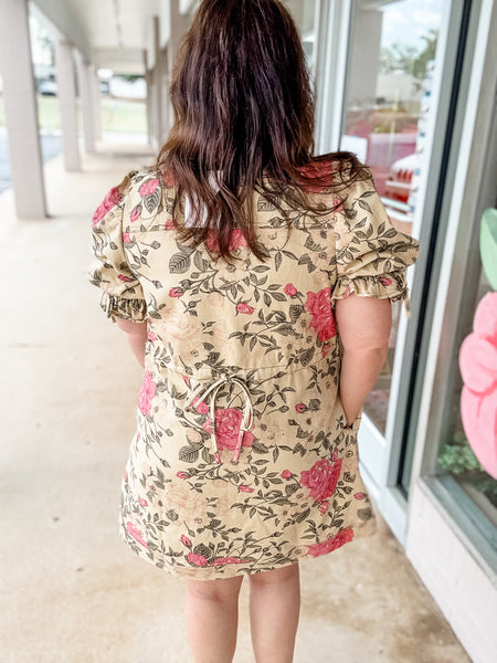 Soft Tan Rose Print Dress