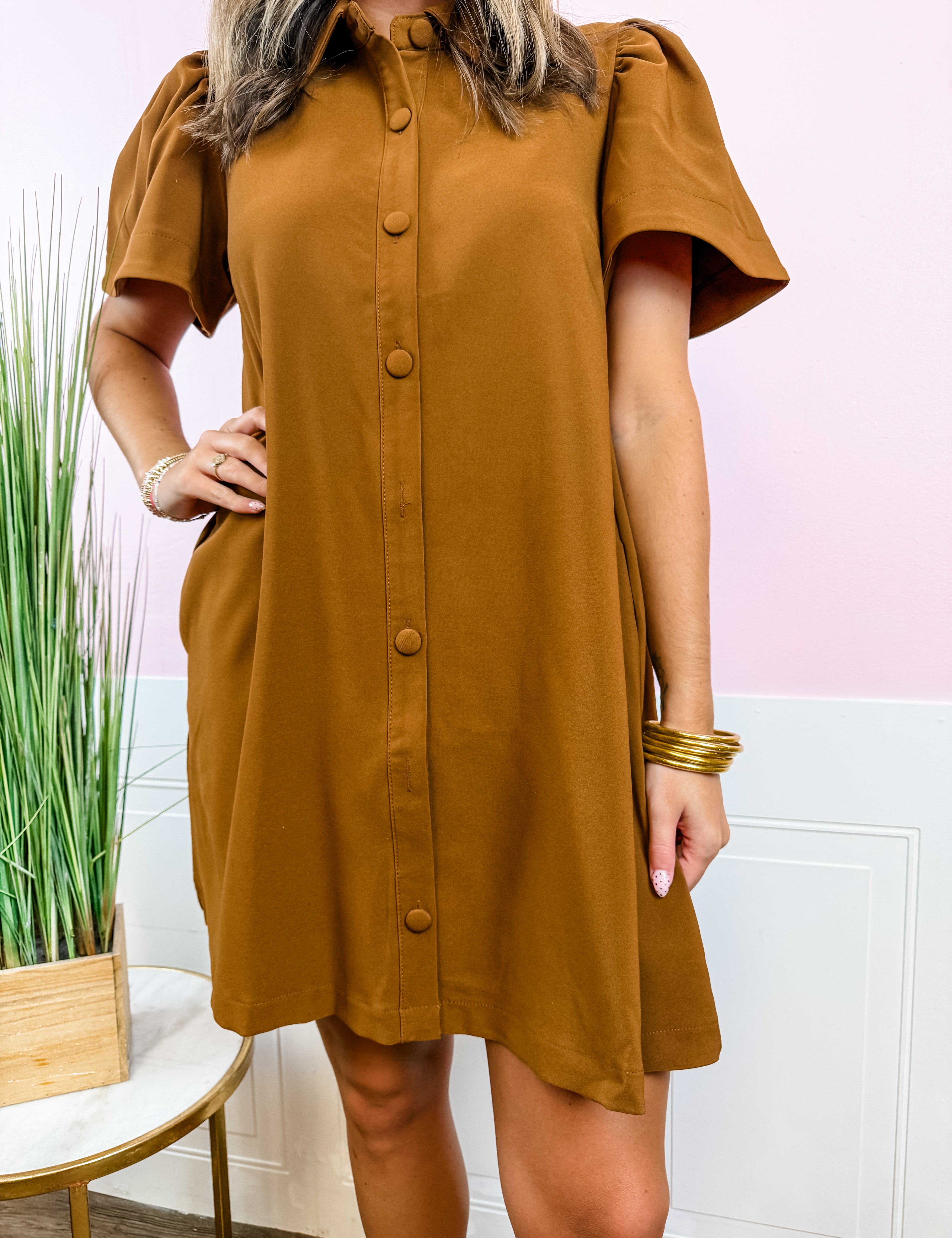 Rust Button-Front Puff Sleeve Shirtdress