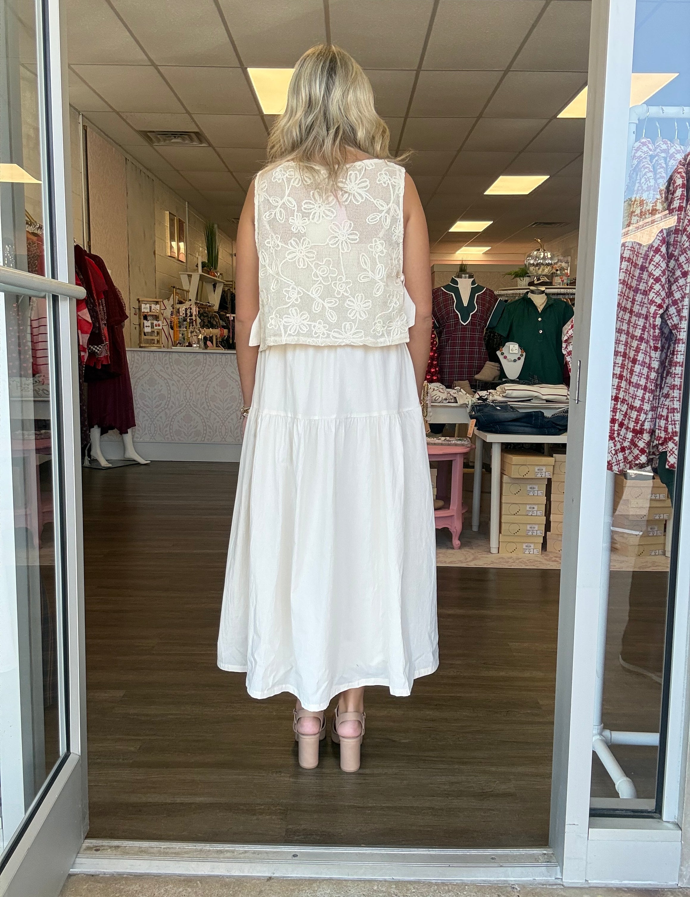 Ecru Crochet Lace Overlay Tiered Maxi Dress