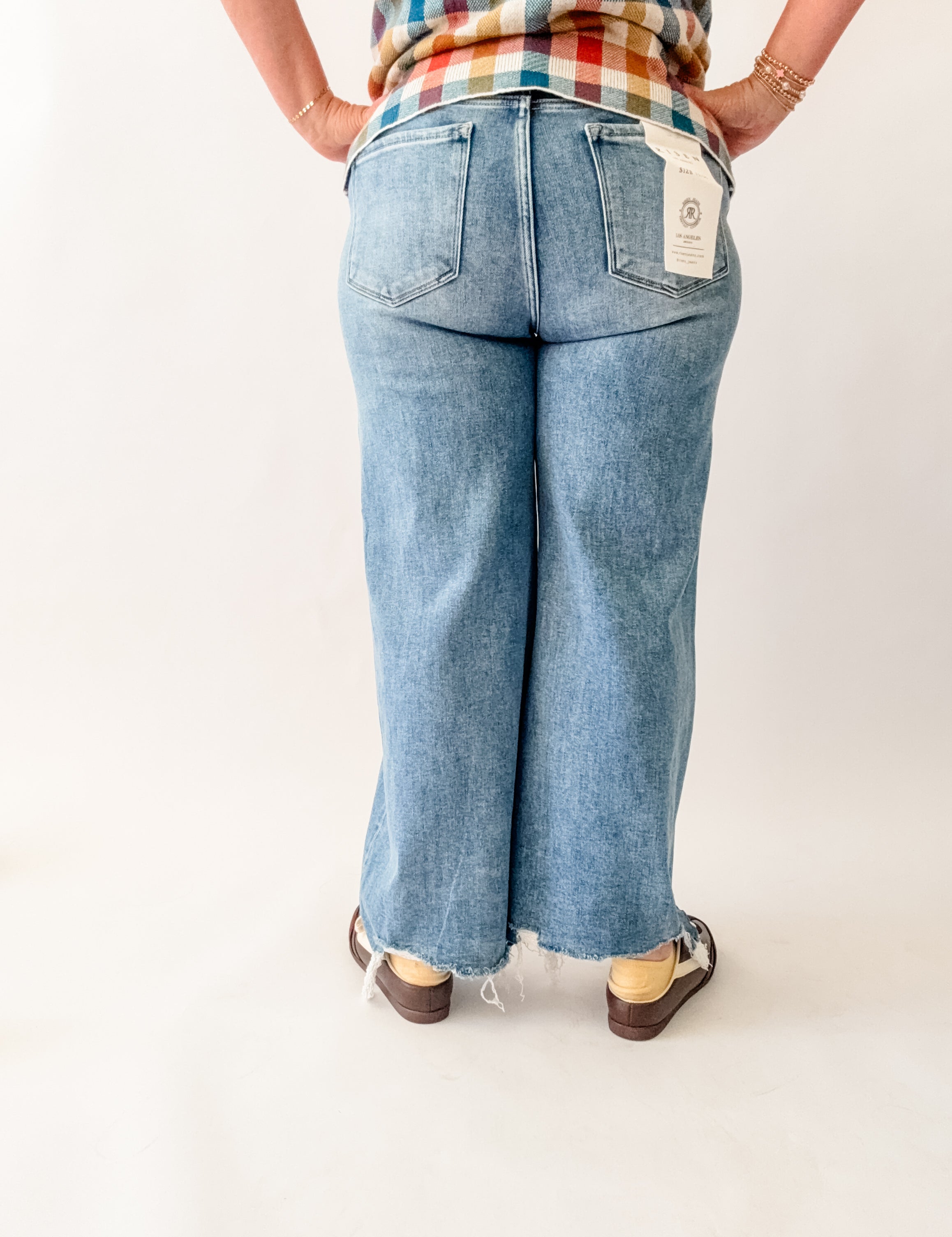Medium Wash Distressed High Rise Crop Wide Leg Jeans