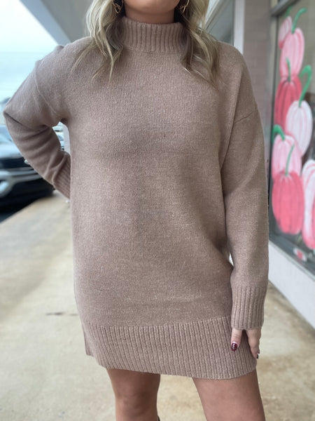 Mocha Mist Turtleneck Oversized Sweater Dress