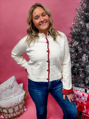 Plaid Trim Noel Cardigan