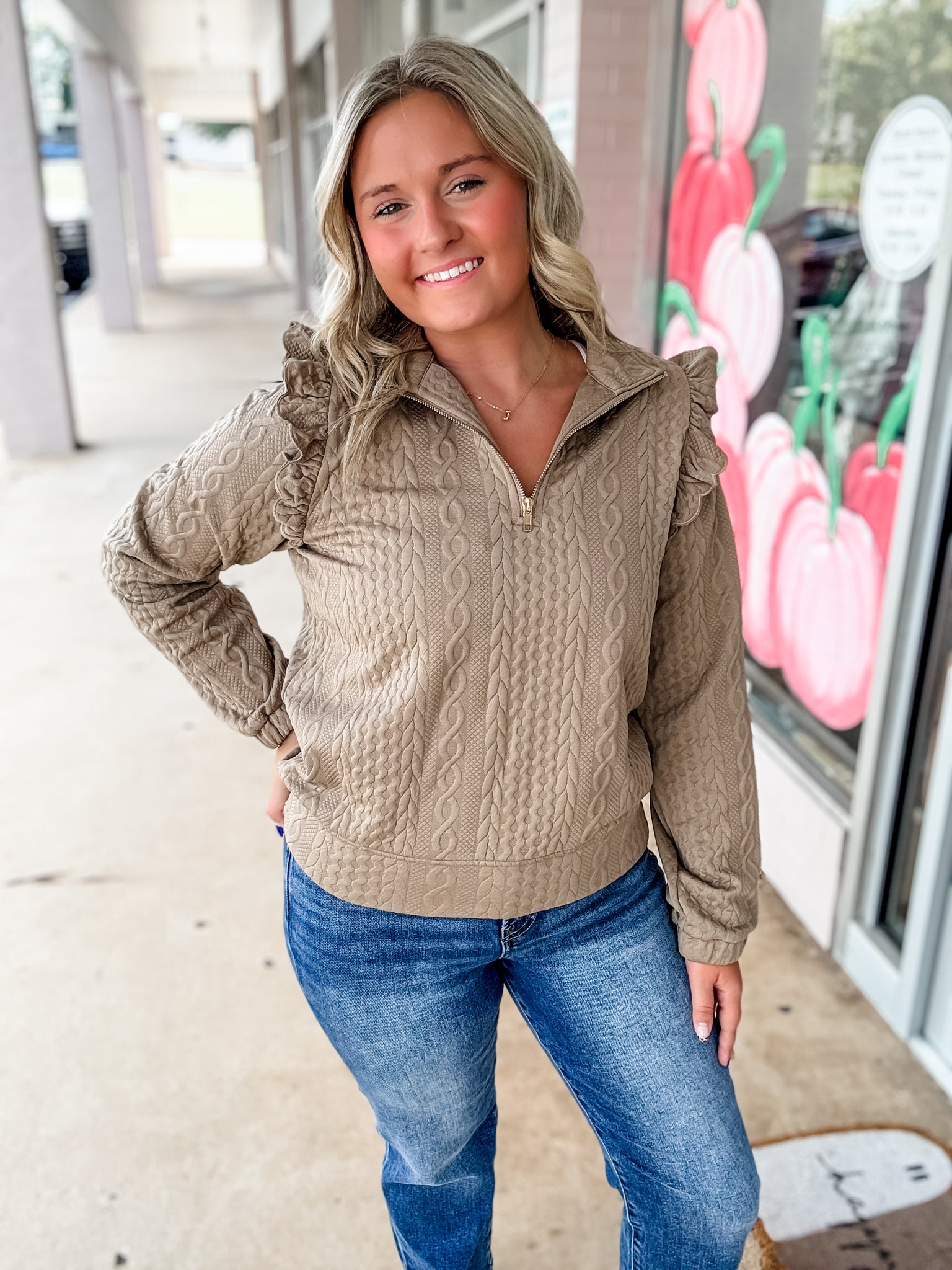 Mocha Cable Ruffle Half-Zip
