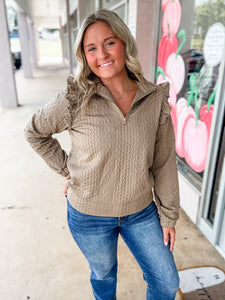 Mocha Cable Ruffle Half-Zip