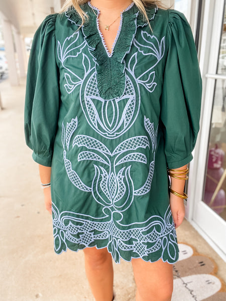 Emerald Vine Embroidered Tunic Dress