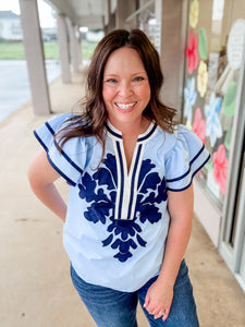 Blue Embroidered Design Top