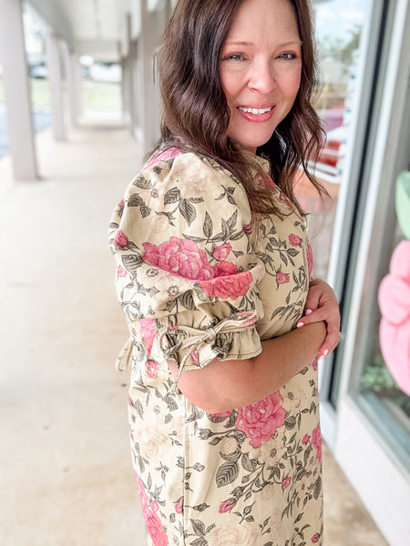 Soft Tan Rose Print Dress