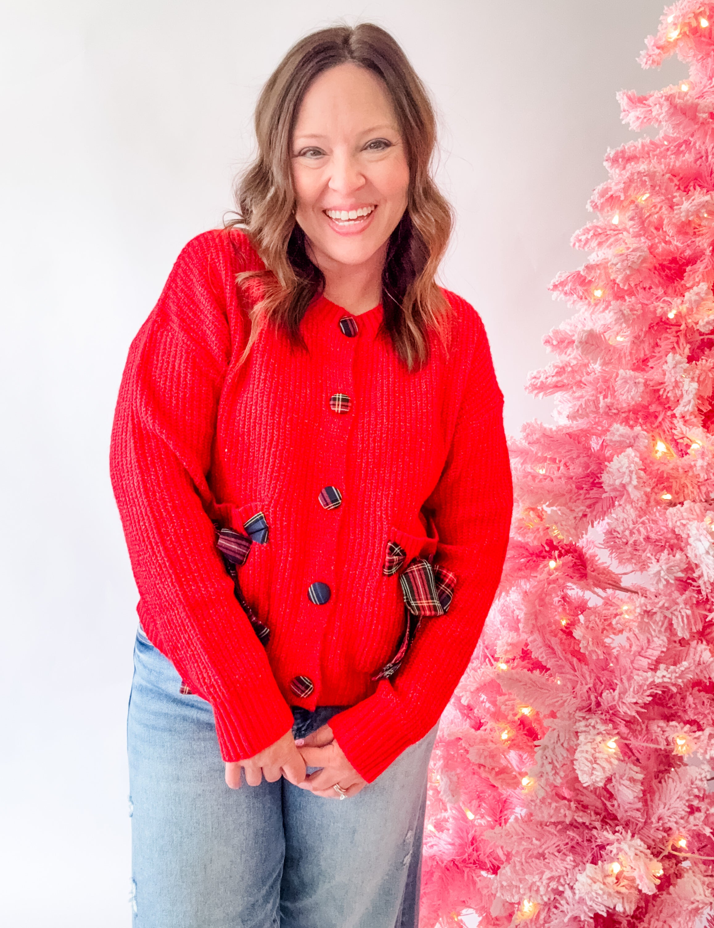 Red Plaid Bow Cardigan