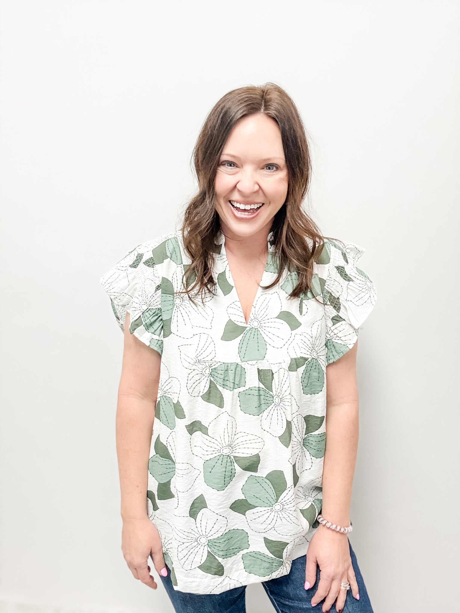 Green & White Floral TOp