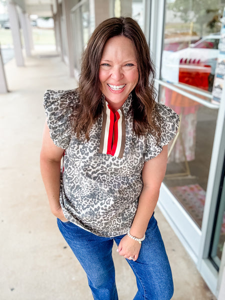 Gray Leopard Red & Ivory Trim Top
