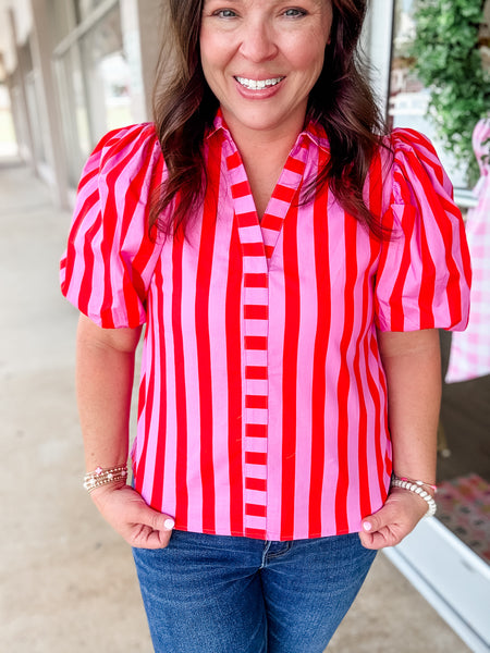 Orange & Pink Striped Collared Top