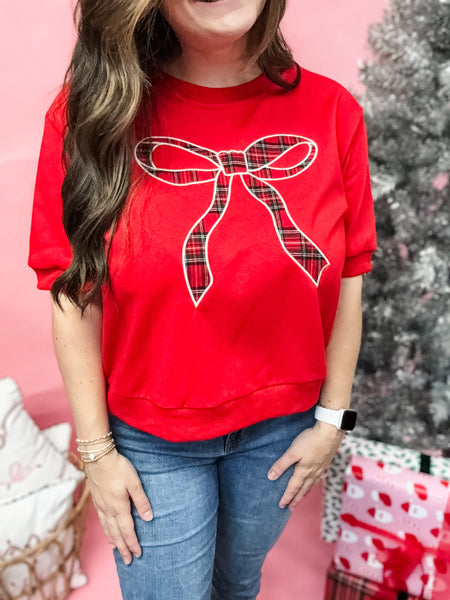 Tartan Bow Sweatshirt:  red
