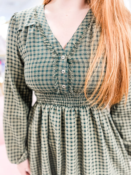 Frayed Plaid Midi Dress:  green