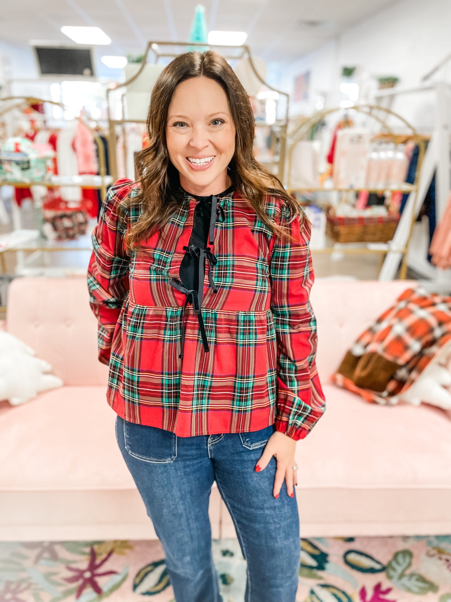 Velvet Bow Tartan Plaid Top:  red