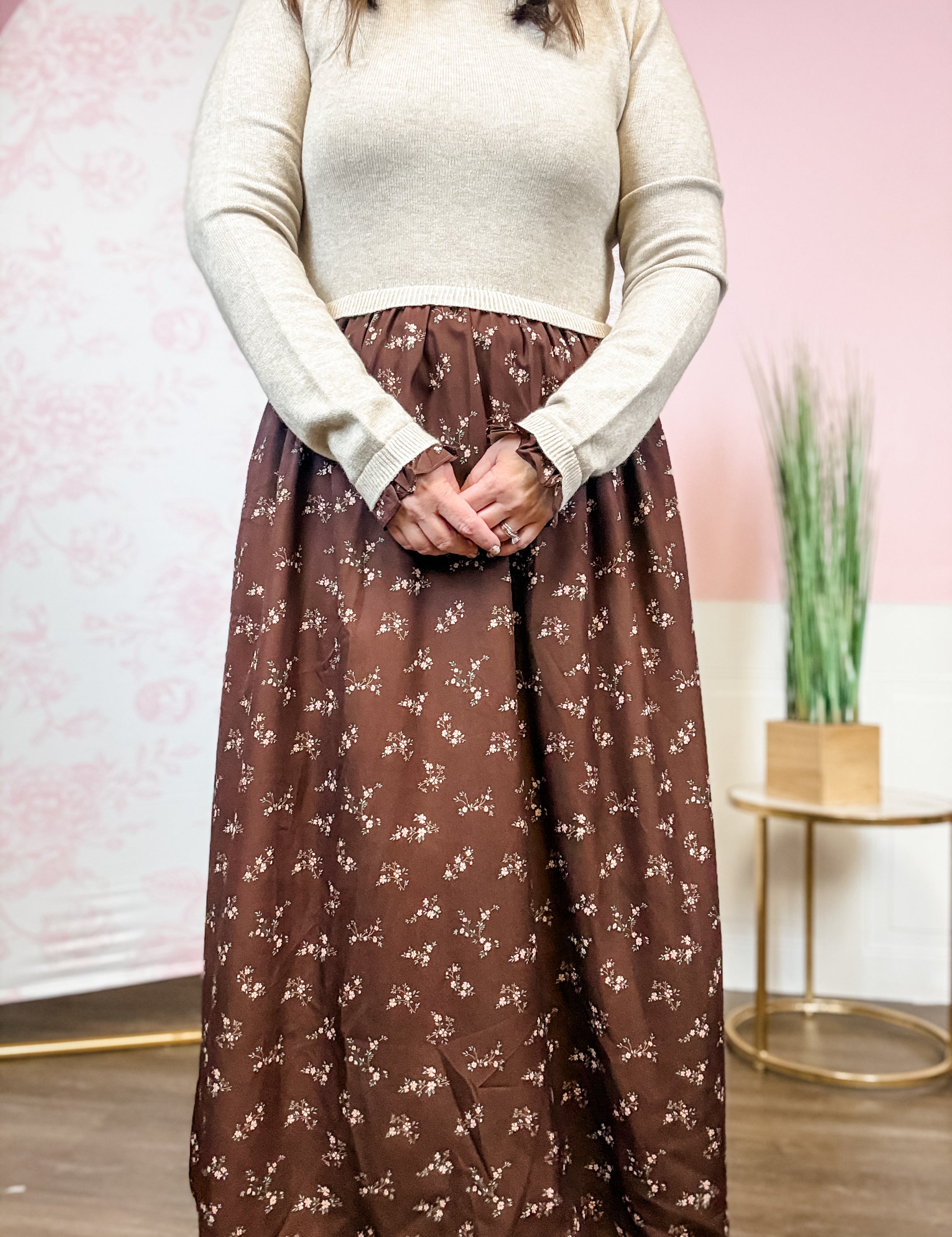 Oatmeal Sweater-Top Floral Skirt Dress