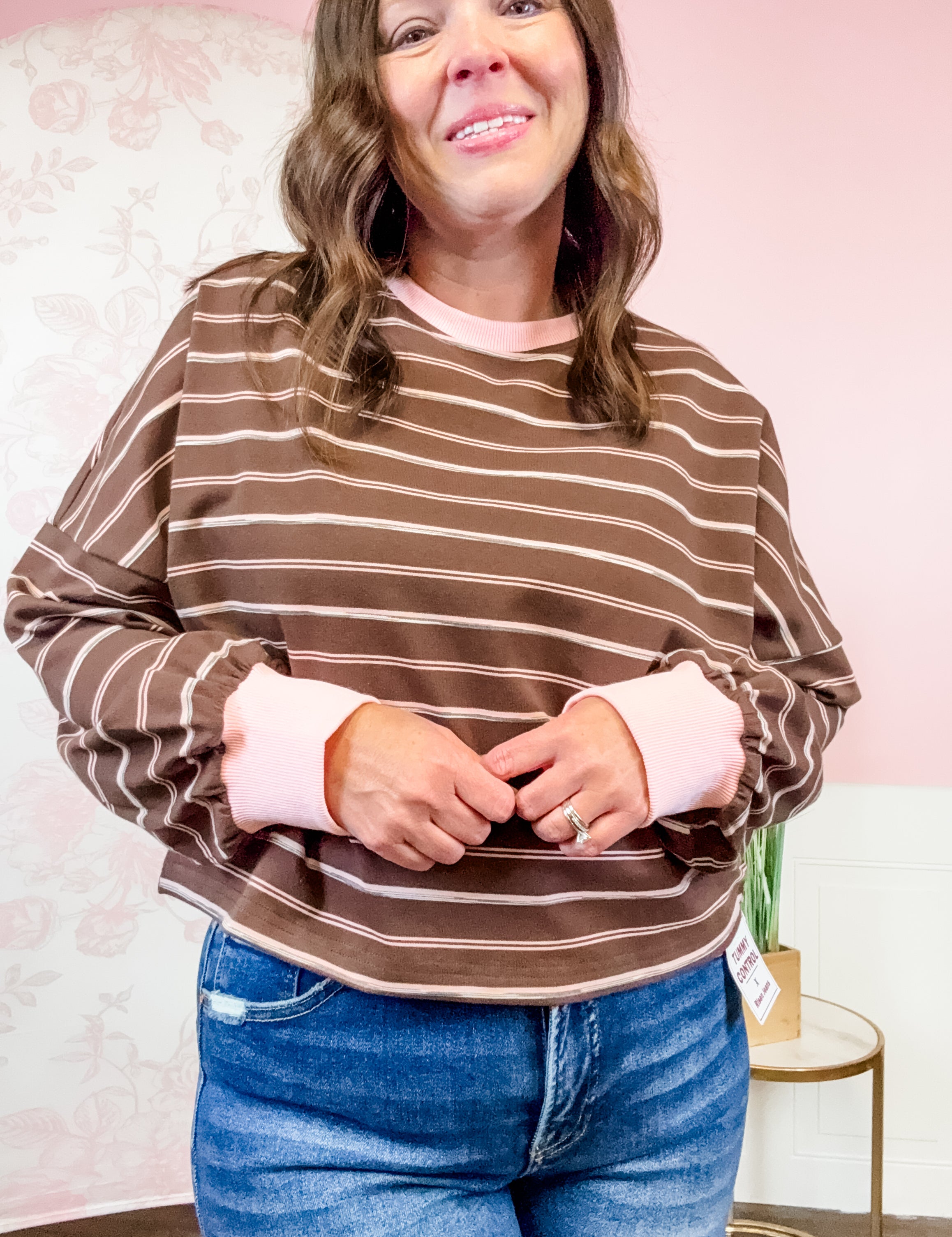 Brown Striped Top with Pink Trim