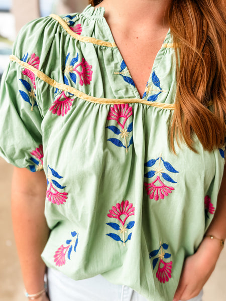 Sage Embroidered Piping Top