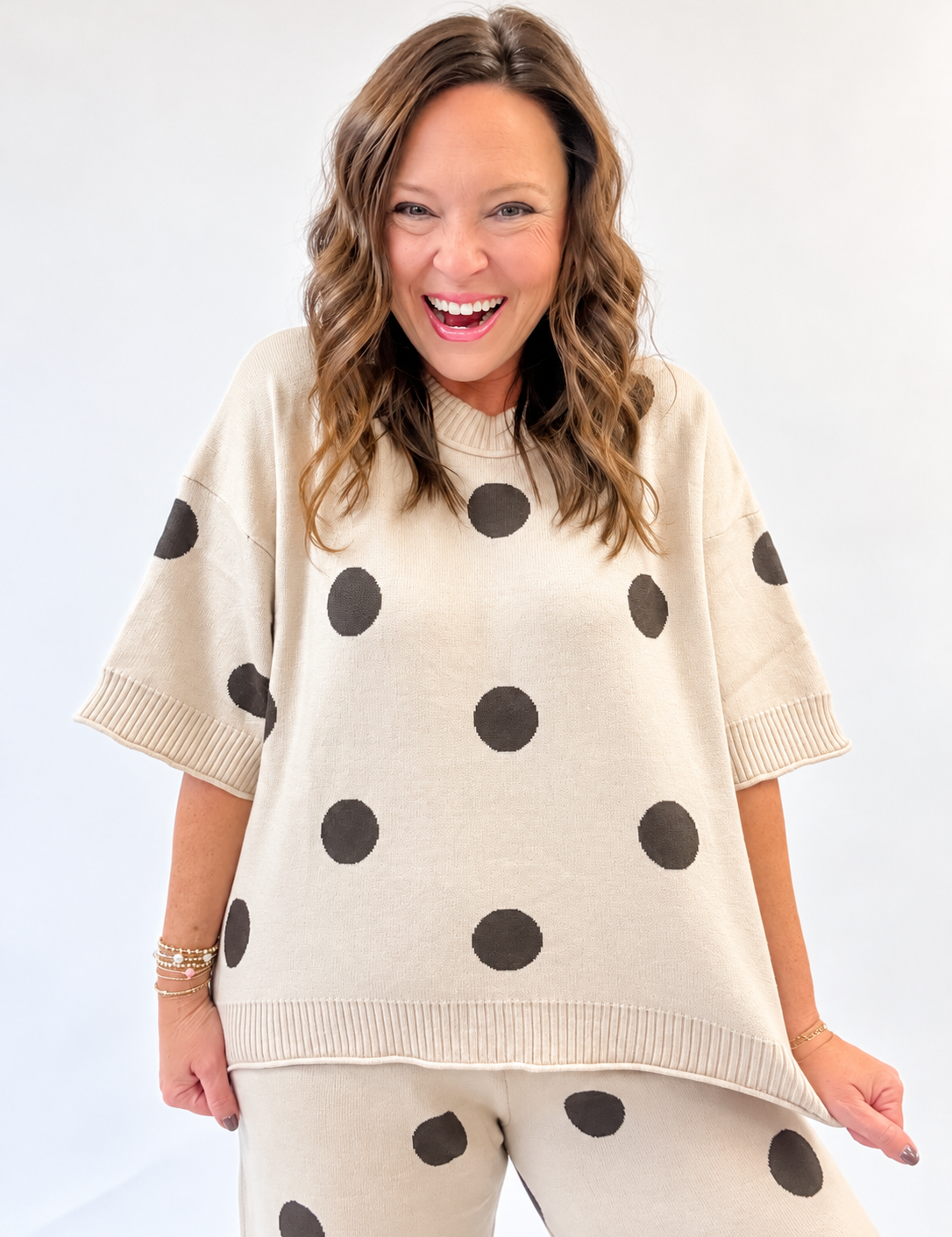 Beige Polka Dot Sweater Top